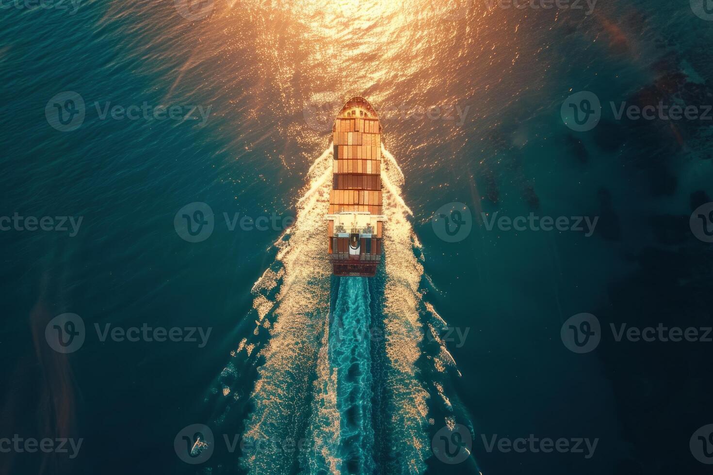 A large cargo ship is sailing through the ocean with the sun setting in the background. The ship is the main focus of the image, and the sun's reflection on the water creates a serene photo