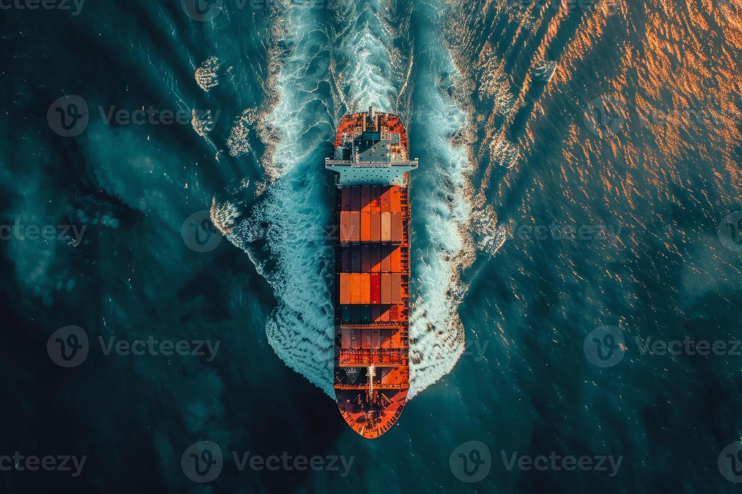 A large cargo ship is sailing through the ocean with the sun setting in the background. The ship is the main focus of the image, and the sun's reflection on the water creates a serene photo