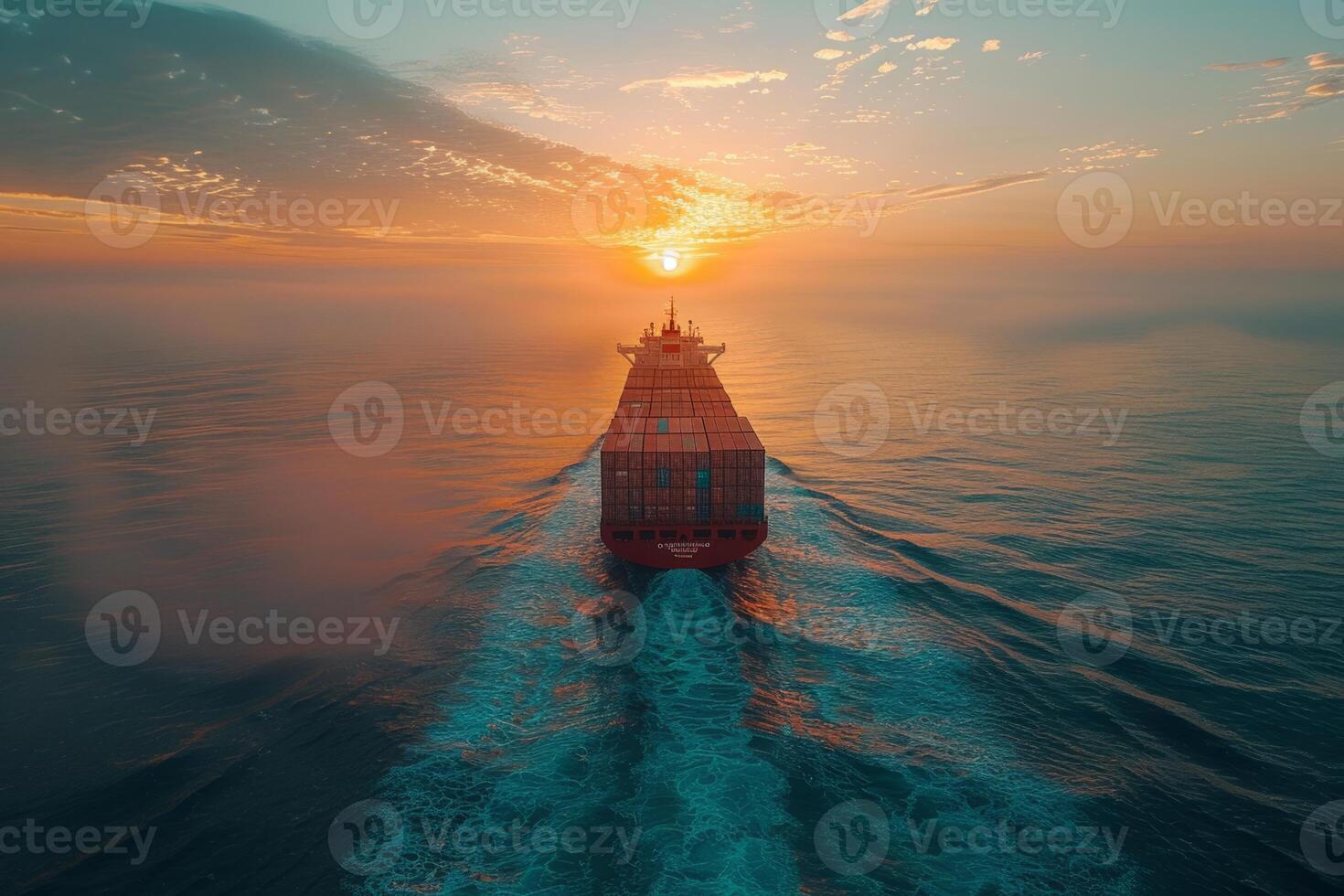 A large cargo ship is sailing through the ocean with the sun setting in the background. The ship is the main focus of the image, and the sun's reflection on the water creates a serene photo