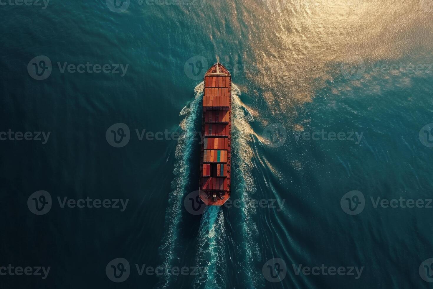 A large cargo ship is sailing through the ocean with the sun setting in the background. The ship is the main focus of the image, and the sun's reflection on the water creates a serene photo