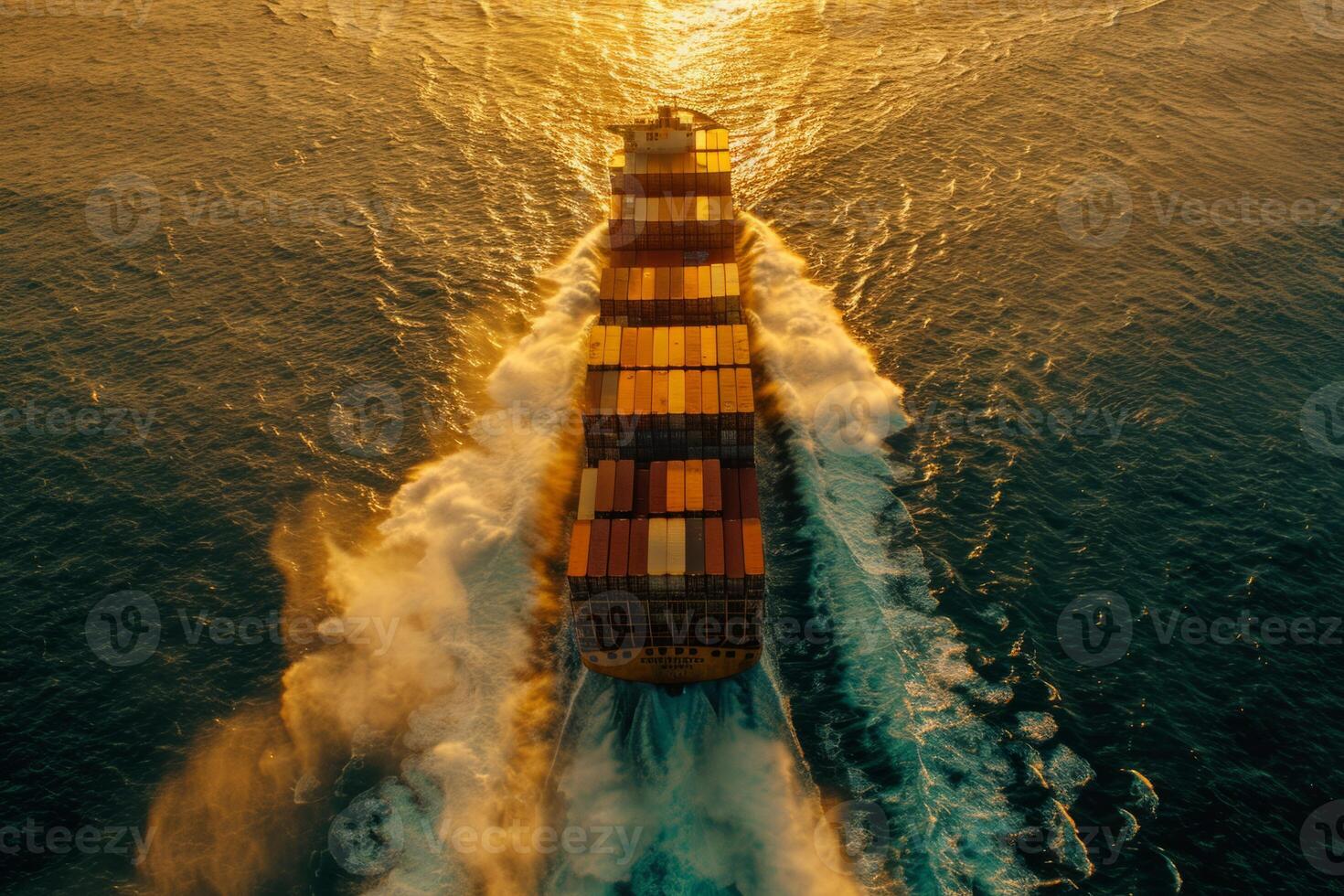 A large cargo ship is sailing through the ocean with the sun setting in the background. The ship is the main focus of the image, and the sun's reflection on the water creates a serene photo