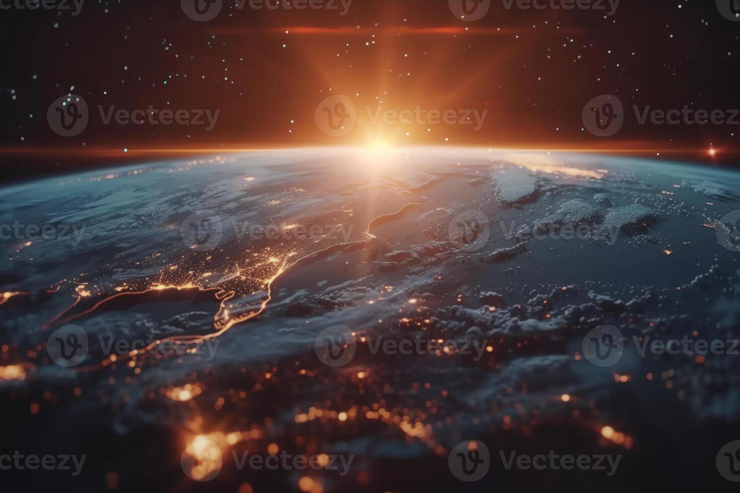 A view of the Earth from space, with a bright blue planet surrounded by a dark sky. The stars are scattered throughout the sky, creating a sense of vastness and wonder photo