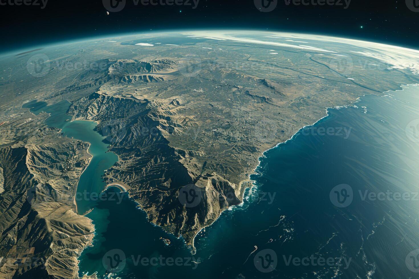 A view of the Earth from space, with a bright blue planet surrounded by a dark sky. The stars are scattered throughout the sky, creating a sense of vastness and wonder photo
