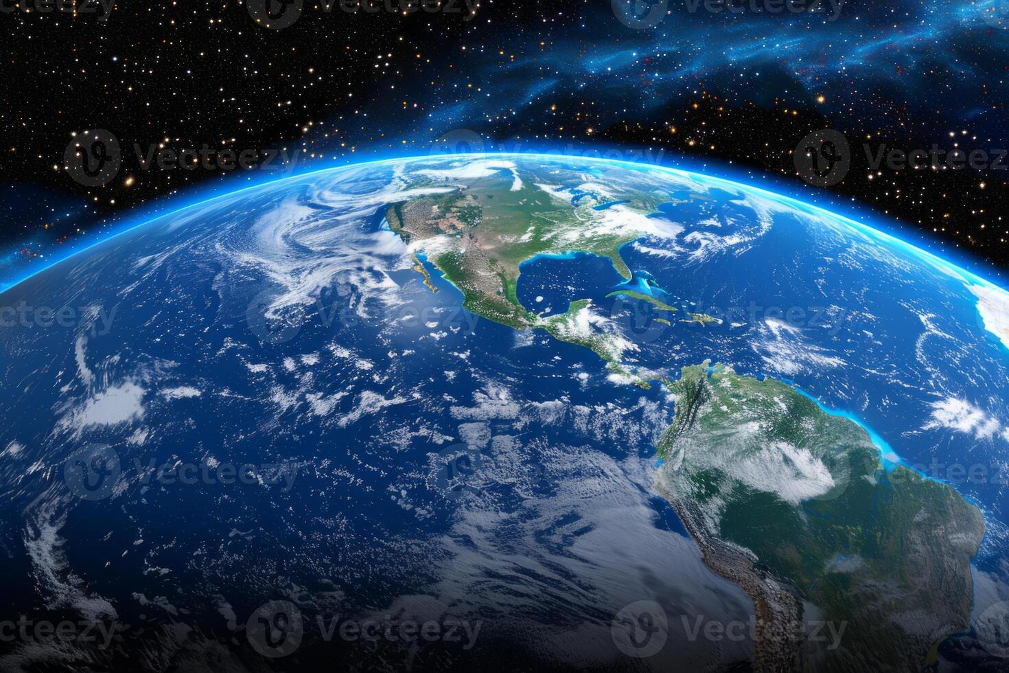 A view of the Earth from space, with a bright blue planet surrounded by a dark sky. The stars are scattered throughout the sky, creating a sense of vastness and wonder photo