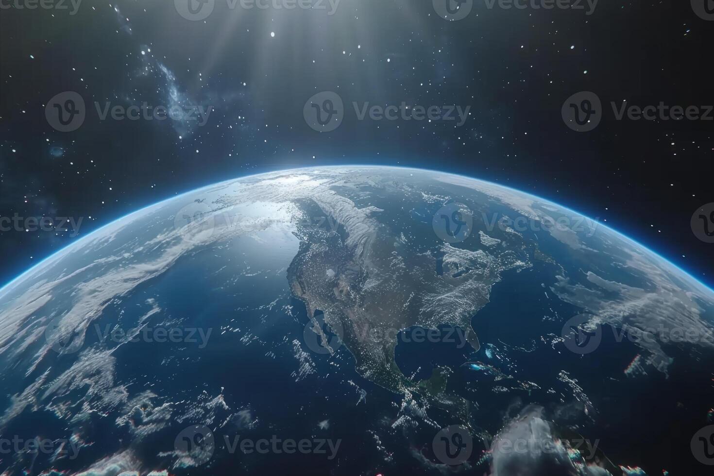 A view of the Earth from space, with a bright blue planet surrounded by a dark sky. The stars are scattered throughout the sky, creating a sense of vastness and wonder photo