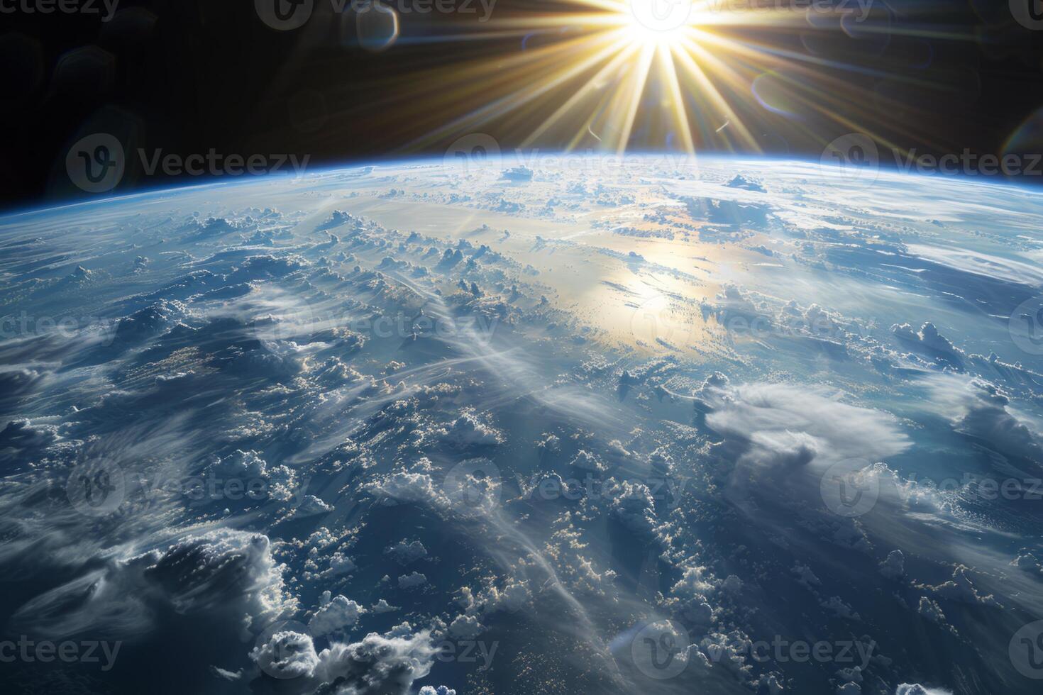 A view of the Earth from space, with a bright blue planet surrounded by a dark sky. The stars are scattered throughout the sky, creating a sense of vastness and wonder photo