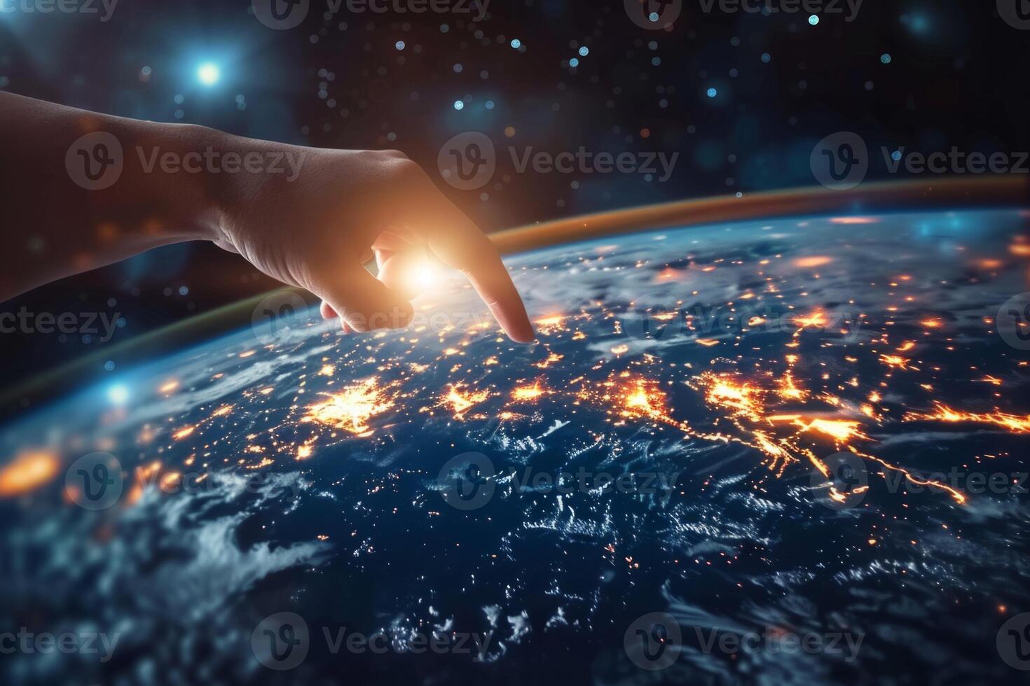 A view of the Earth from space, with a bright blue planet surrounded by a dark sky. The stars are scattered throughout the sky, creating a sense of vastness and wonder photo
