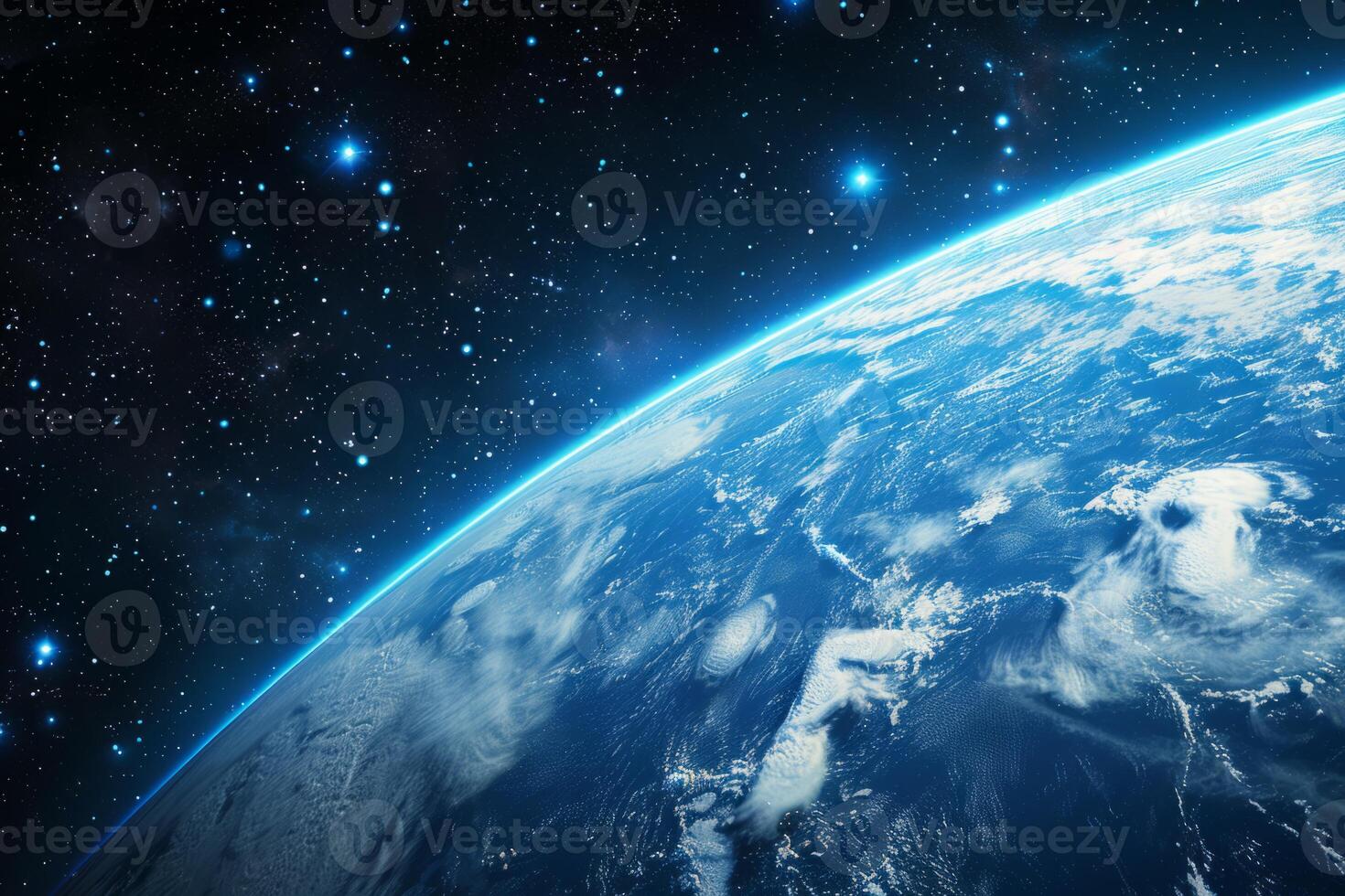 A view of the Earth from space, with a bright blue planet surrounded by a dark sky. The stars are scattered throughout the sky, creating a sense of vastness and wonder photo