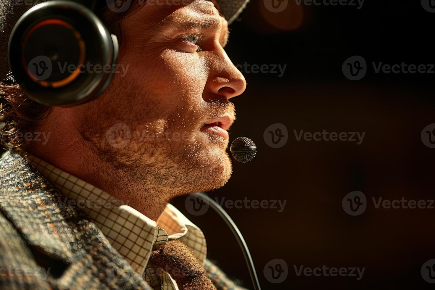 Professional singer podcast streamer interview radio with microphone recording voice singing in bright record studio audio quality equipment content musician media performer entertainment photo