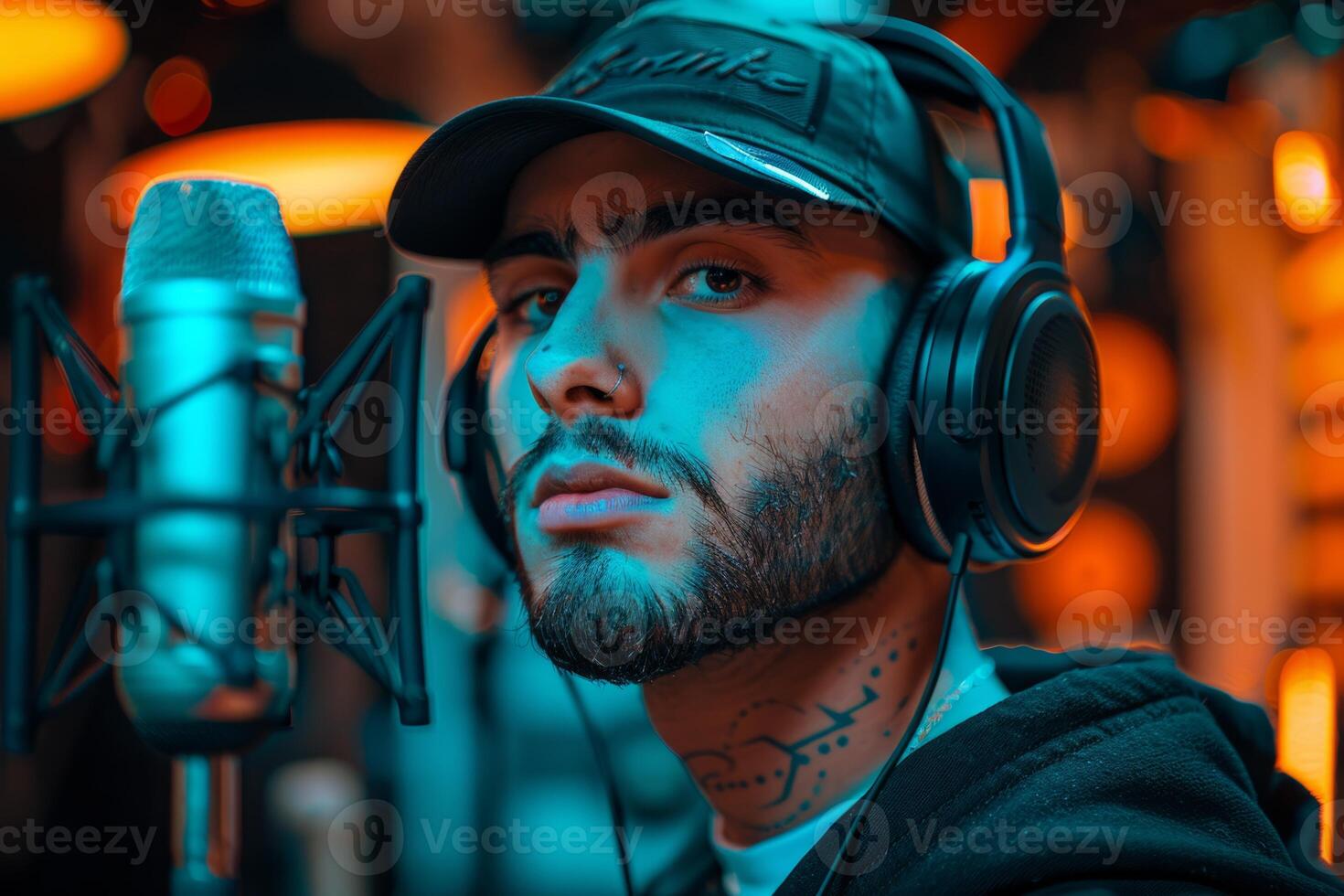 Professional singer podcast streamer interview radio with microphone recording voice singing in bright record studio audio quality equipment content musician media performer entertainment photo