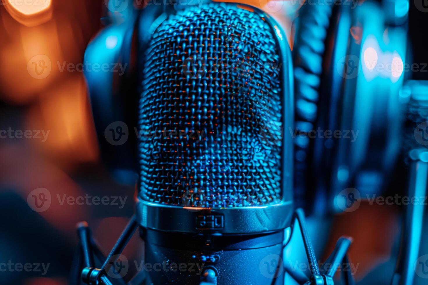 Professional microphone studio podcast stream interview platform radio with micrecording voice singing in bright record studio audio quality equipment content music media entertainment photo