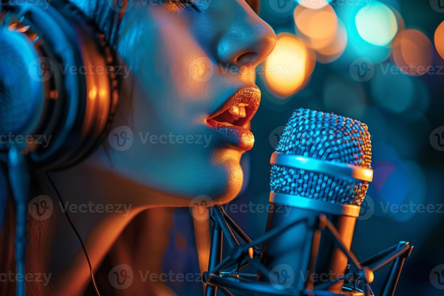 Professional singer podcast streamer interview radio with microphone recording voice singing in bright record studio audio quality equipment content musician media performer entertainment photo