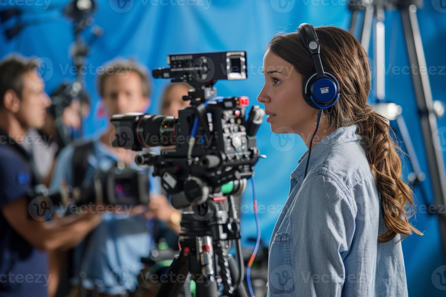 Journalist with camera and microphone taking interview recording filming news broadcast emergency stream asking questions television tv reporter press conference communication engagement photo
