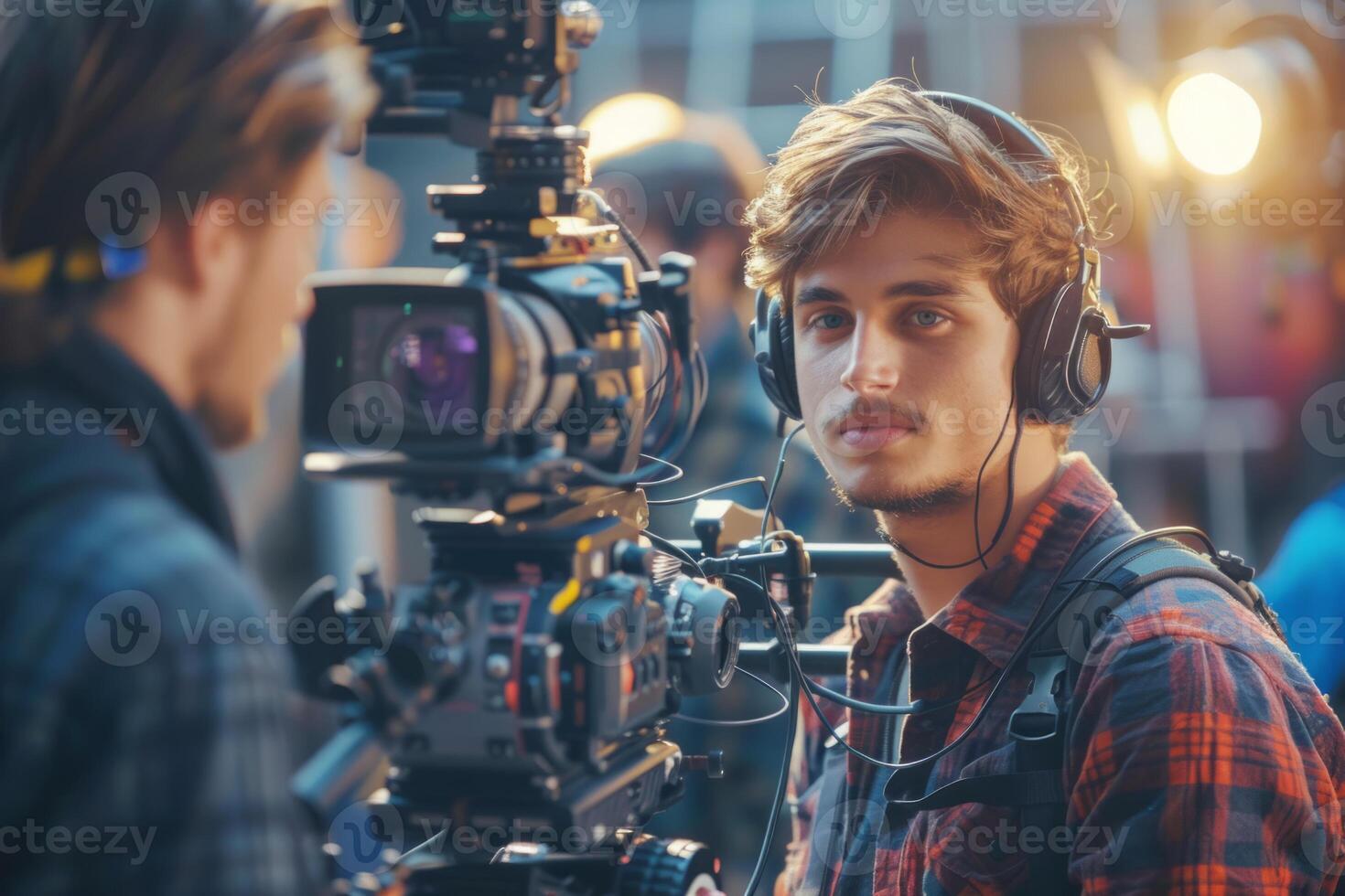Journalist with camera and microphone taking interview recording filming news broadcast emergency stream asking questions television tv reporter press conference communication engagement photo