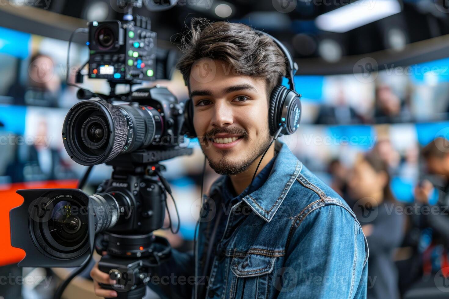 Journalist with camera and microphone taking interview recording filming news broadcast emergency stream asking questions television tv reporter press conference communication engagement photo