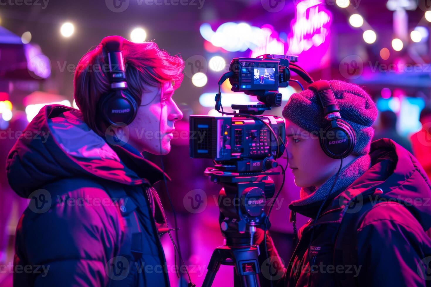 Journalist with camera and microphone taking interview recording filming news broadcast emergency stream asking questions television tv reporter press conference communication engagement photo