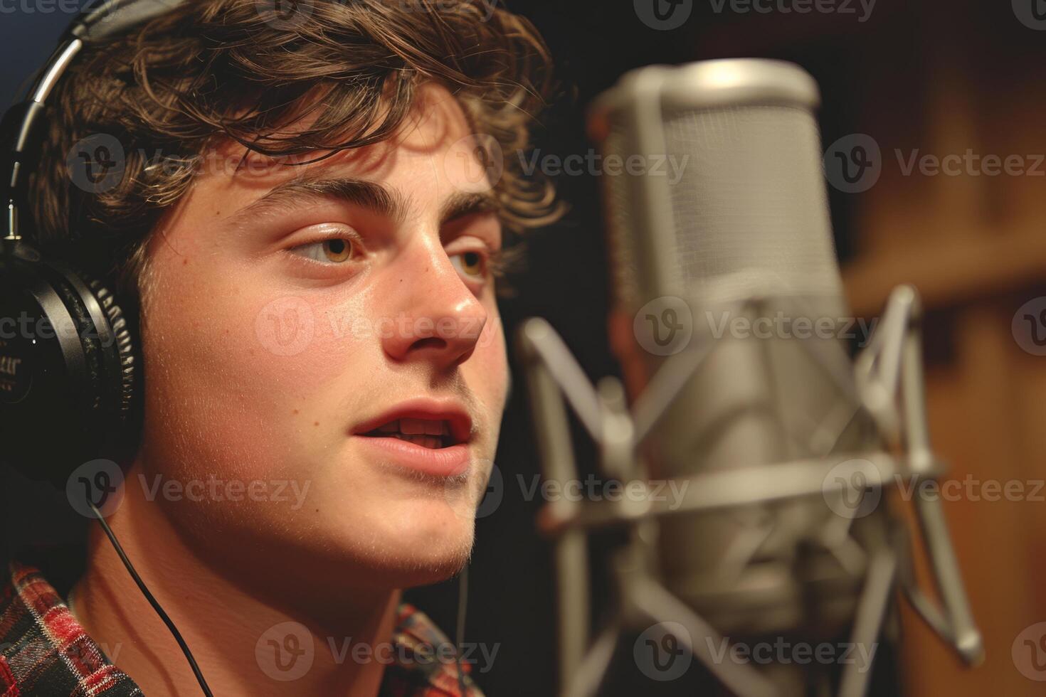 Professional singer podcast streamer interview radio with microphone recording voice singing in bright record studio audio quality equipment content musician media performer entertainment photo