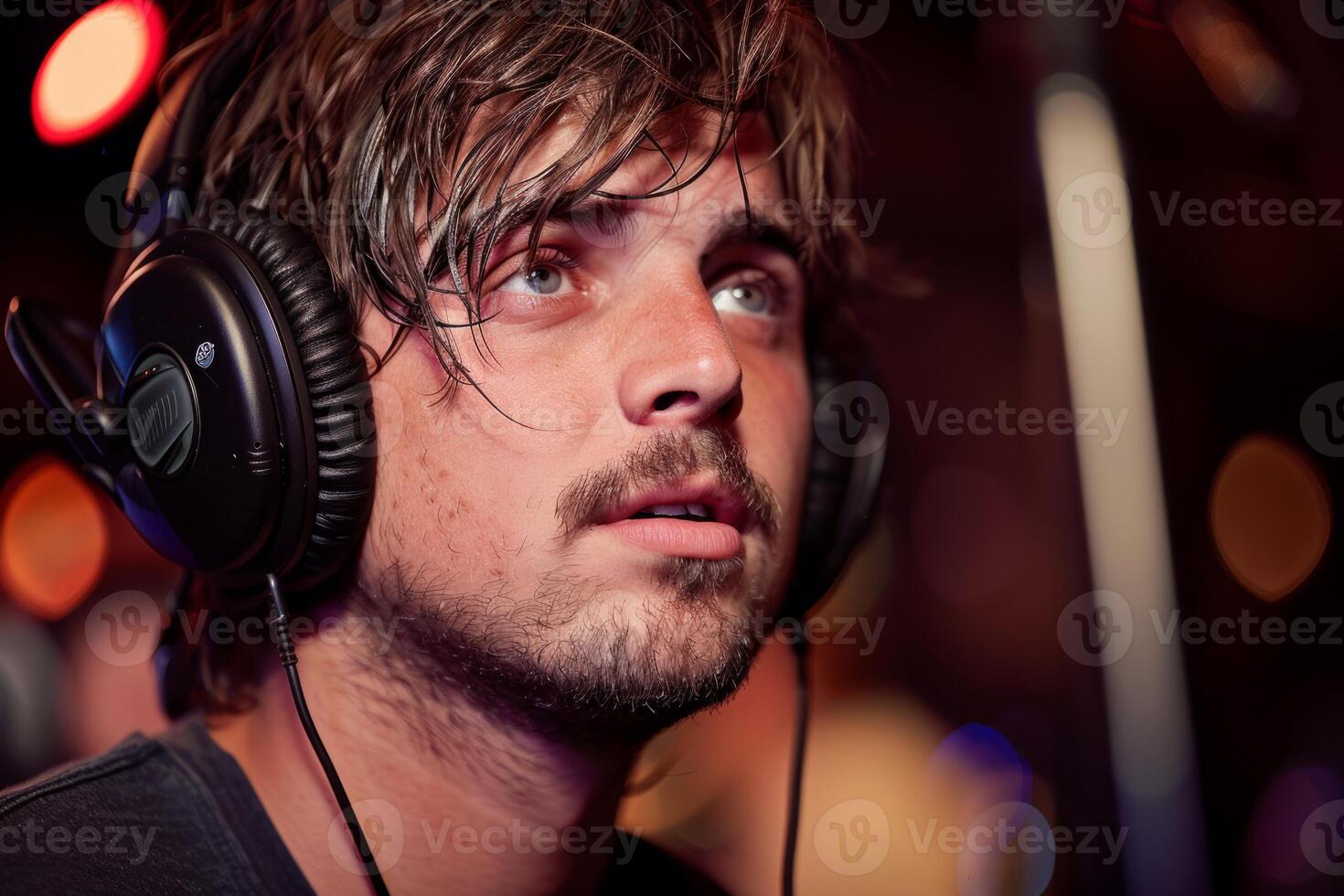 Professional singer podcast streamer interview radio with microphone recording voice singing in bright record studio audio quality equipment content musician media performer entertainment photo