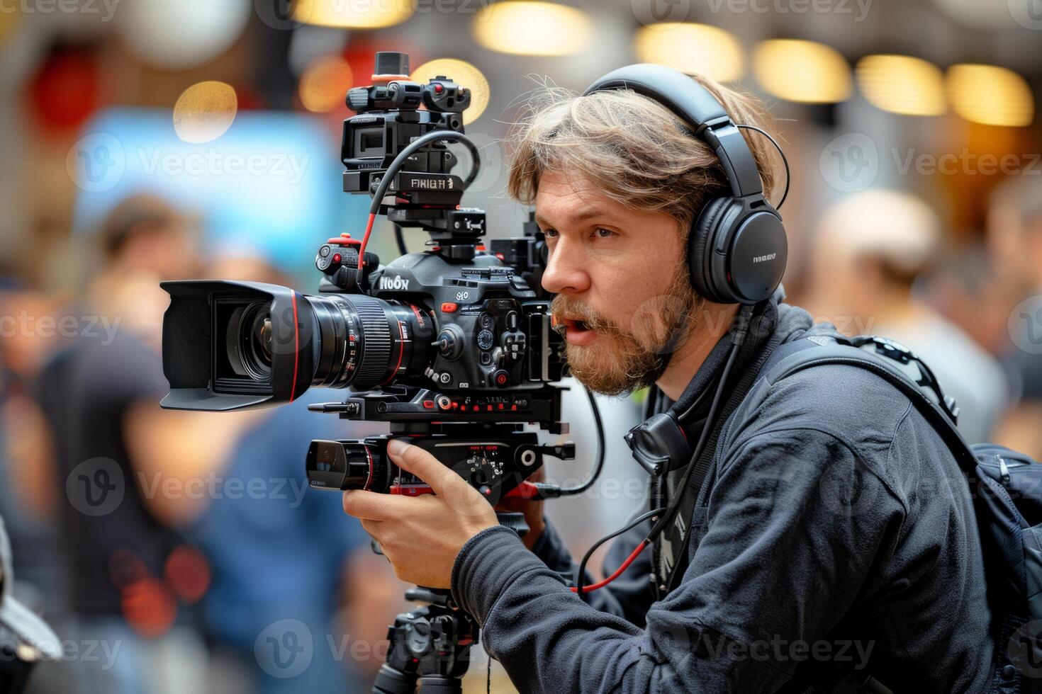 Journalist with camera and microphone taking interview recording filming news broadcast emergency stream asking questions television tv reporter press conference communication engagement photo