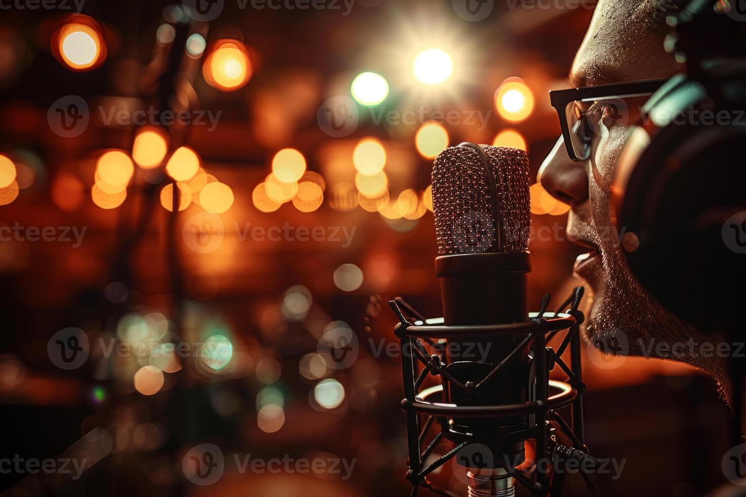 Professional singer podcast streamer interview radio with microphone recording voice singing in bright record studio audio quality equipment content musician media performer entertainment photo