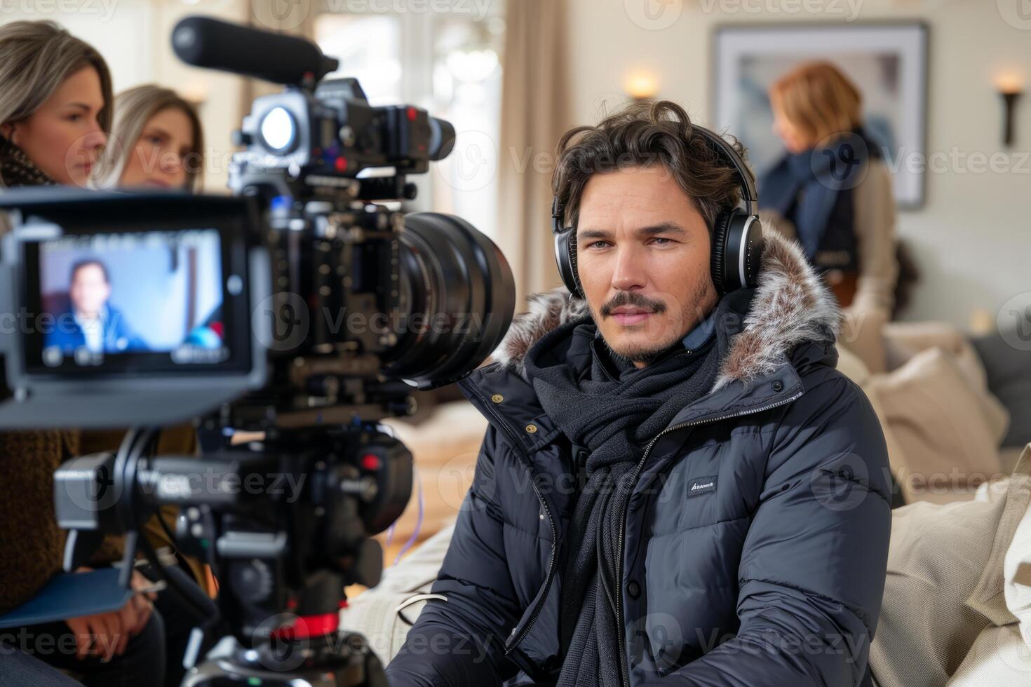 Journalist with camera and microphone taking interview recording filming news broadcast emergency stream asking questions television tv reporter press conference communication engagement photo
