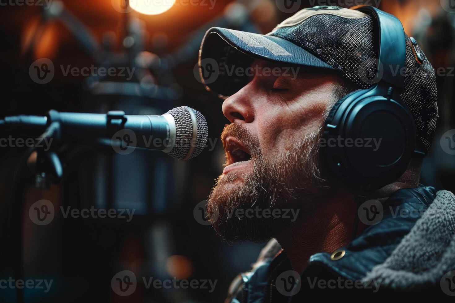 Professional singer podcast streamer interview radio with microphone recording voice singing in bright record studio audio quality equipment content musician media performer entertainment photo
