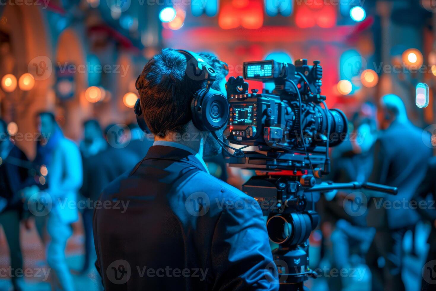 Journalist with camera and microphone taking interview recording filming news broadcast emergency stream asking questions television tv reporter press conference communication engagement photo