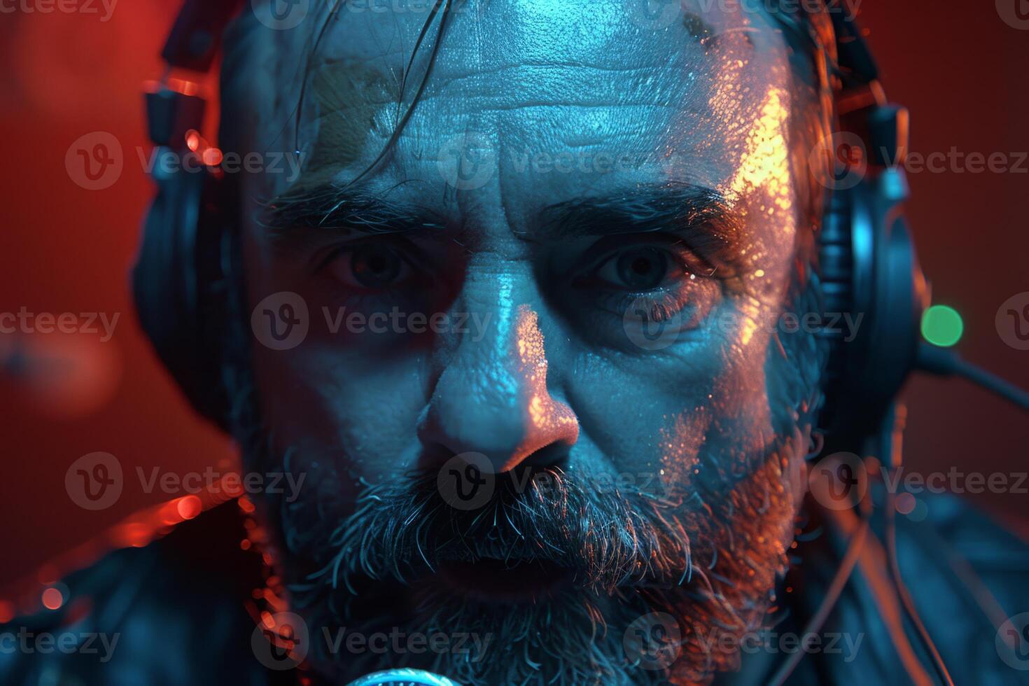 Professional singer podcast streamer interview radio with microphone recording voice singing in bright record studio audio quality equipment content musician media performer entertainment photo