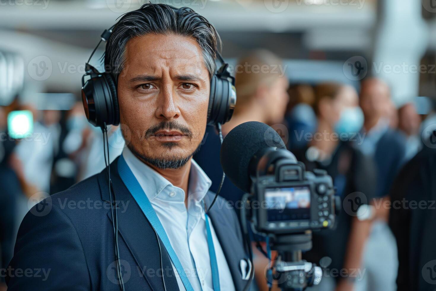 Journalist with camera and microphone taking interview recording filming news broadcast emergency stream asking questions television tv reporter press conference communication engagement photo