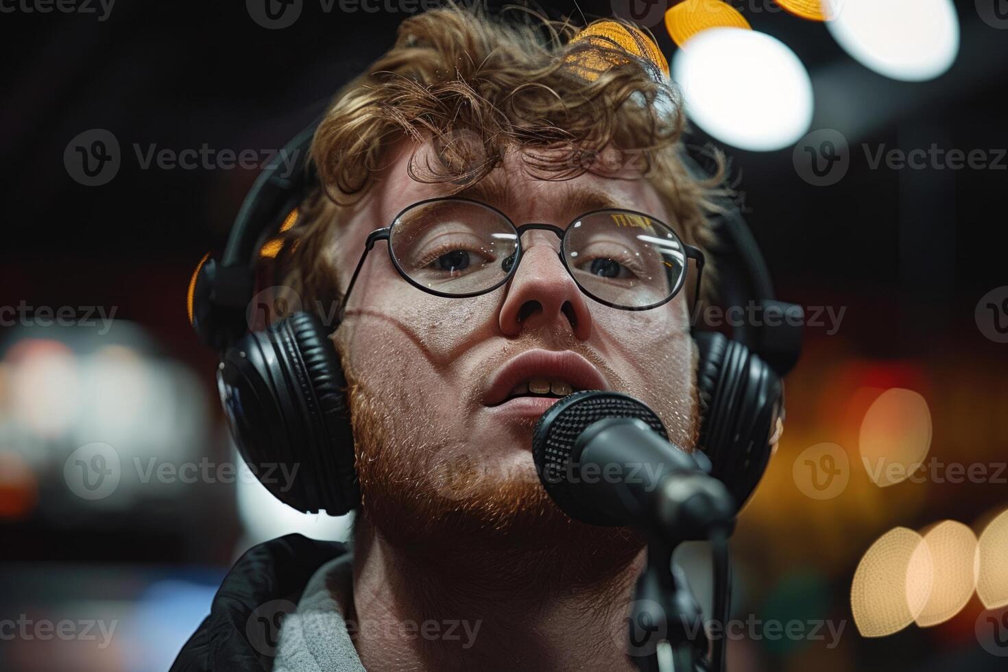 Professional singer podcast streamer interview radio with microphone recording voice singing in bright record studio audio quality equipment content musician media performer entertainment photo
