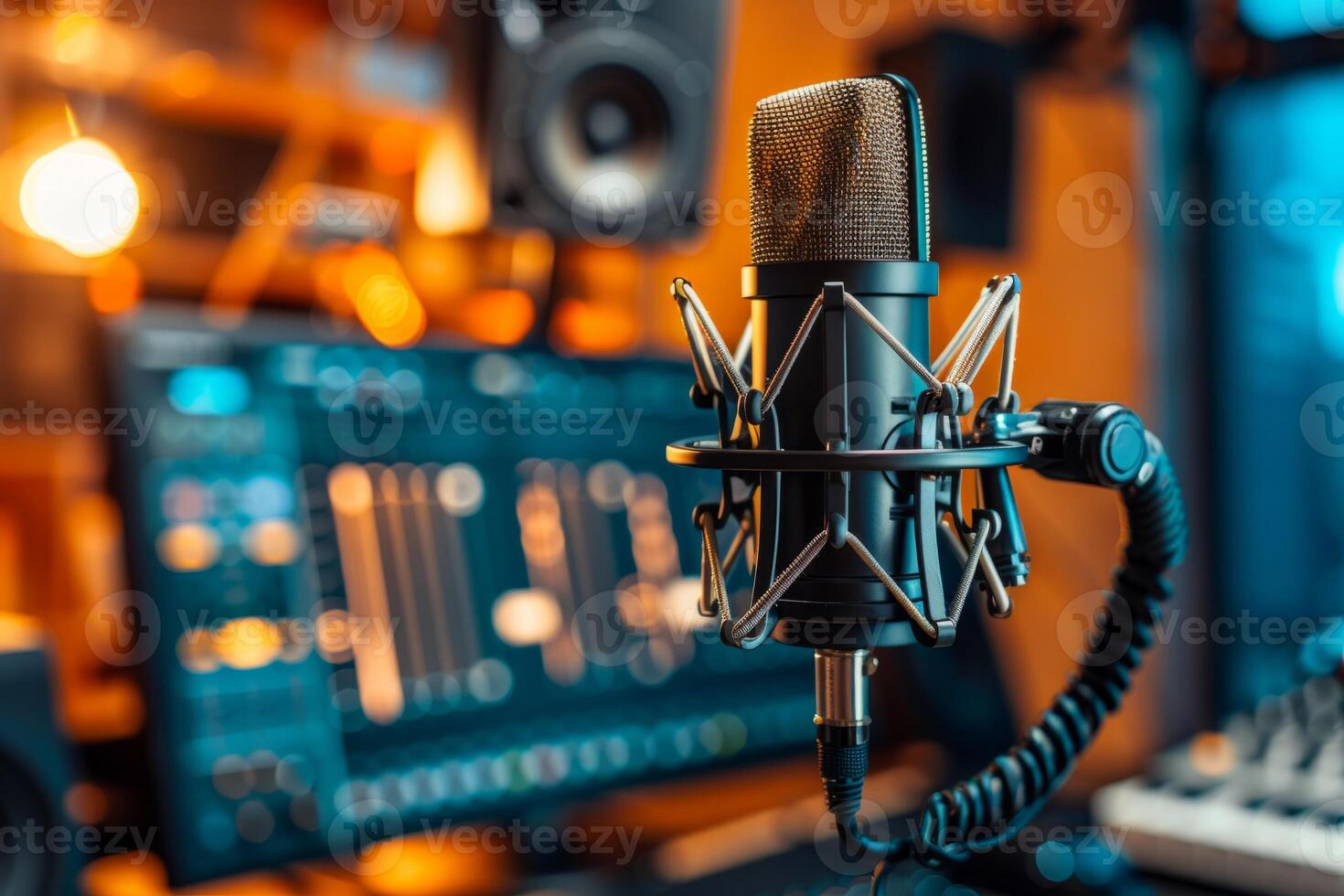 Professional microphone studio podcast stream interview platform radio with micrecording voice singing in bright record studio audio quality equipment content music media entertainment photo