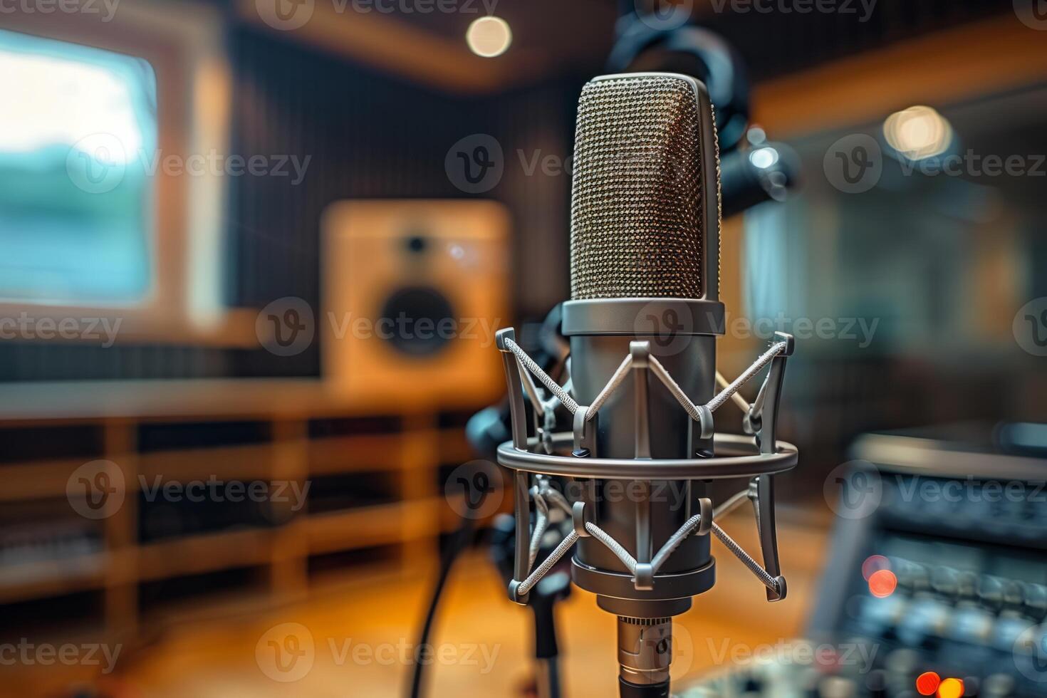 Professional microphone studio podcast stream interview platform radio with micrecording voice singing in bright record studio audio quality equipment content music media entertainment photo