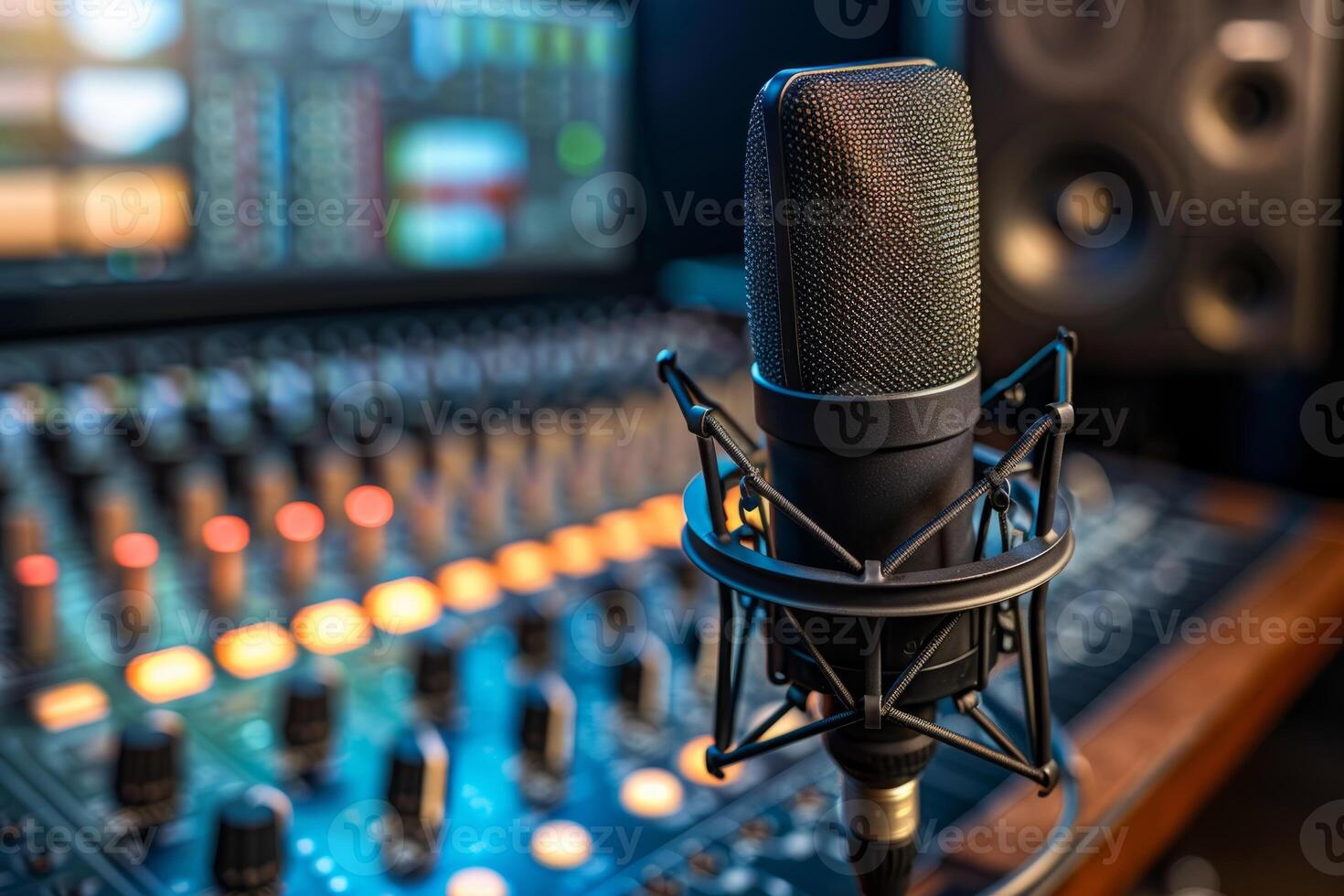 Professional microphone studio podcast stream interview platform radio with micrecording voice singing in bright record studio audio quality equipment content music media entertainment photo