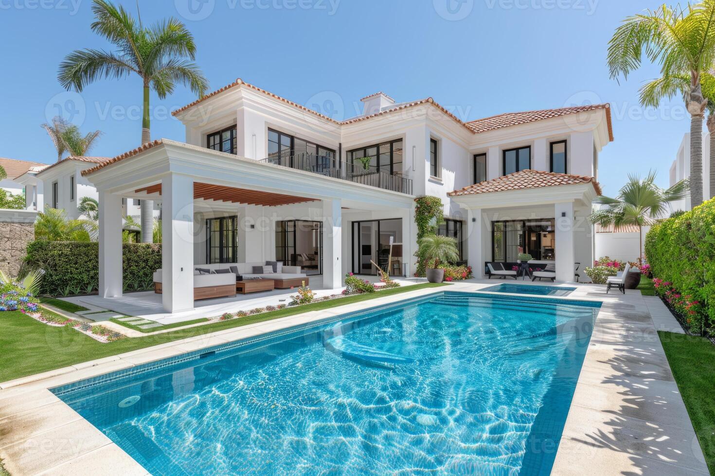 A large house with a pool and a lot of windows. The house is very modern and has a lot of natural light coming in photo