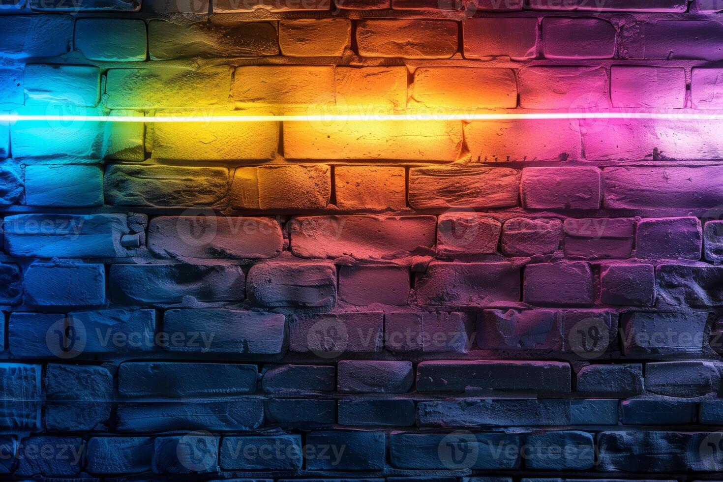 A brick wall with a pink hue and a blurry background. Neon lights. The wall appears to be wet and has a shiny, reflective surface. Scene is one of mystery and intrigue, as the blurry photo