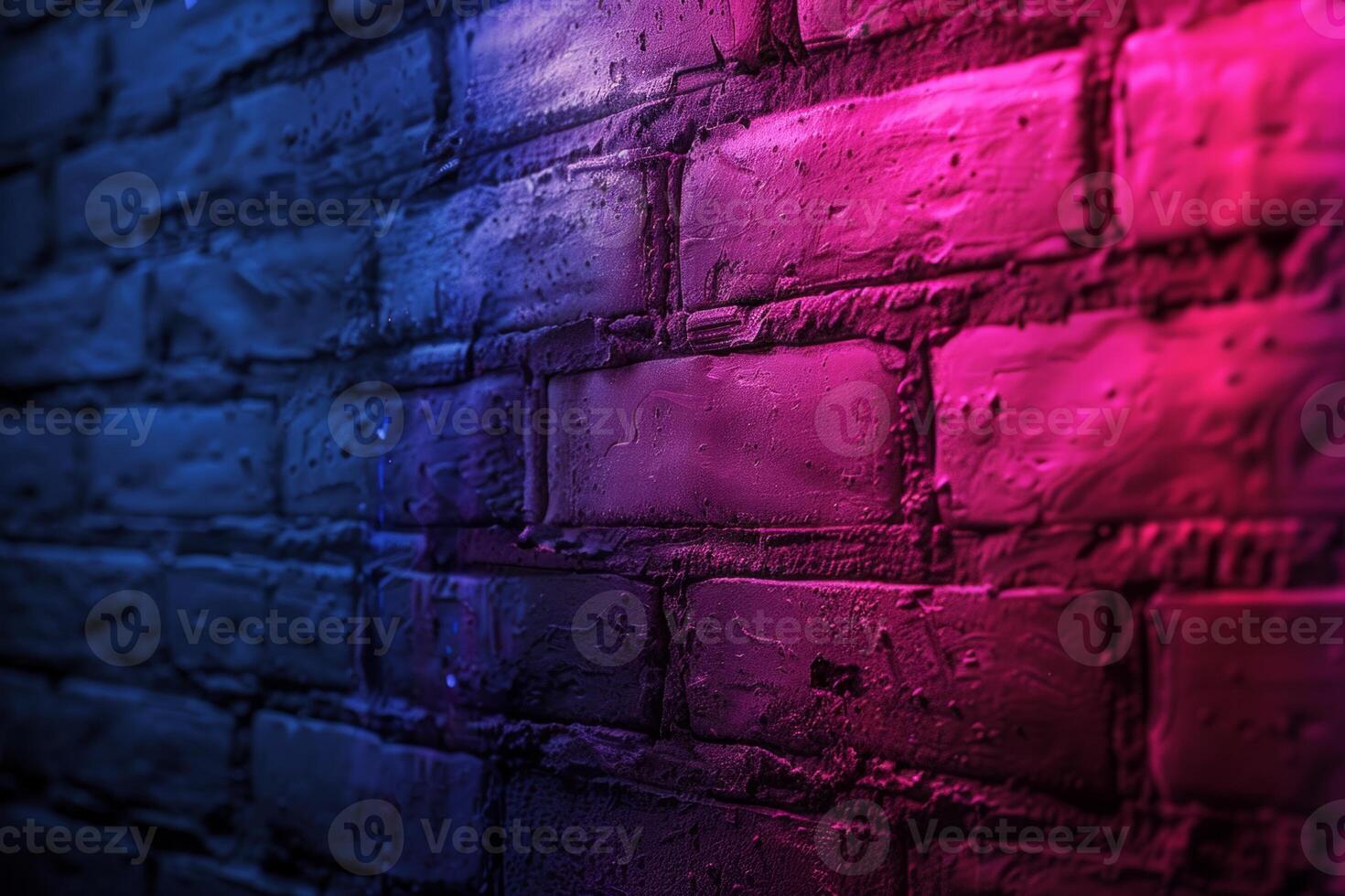 A brick wall with a pink hue and a blurry background. Neon lights. The wall appears to be wet and has a shiny, reflective surface. Scene is one of mystery and intrigue, as the blurry photo