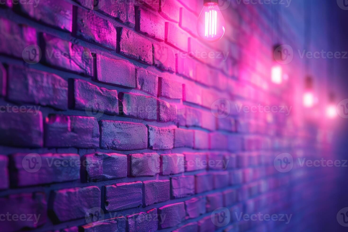 A brick wall with a pink hue and a blurry background. Neon lights. The wall appears to be wet and has a shiny, reflective surface. Scene is one of mystery and intrigue, as the blurry photo