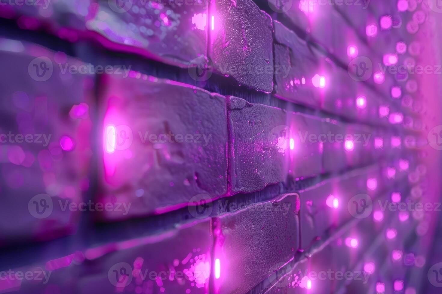 A brick wall with a pink hue and a blurry background. Neon lights. The wall appears to be wet and has a shiny, reflective surface. Scene is one of mystery and intrigue, as the blurry photo