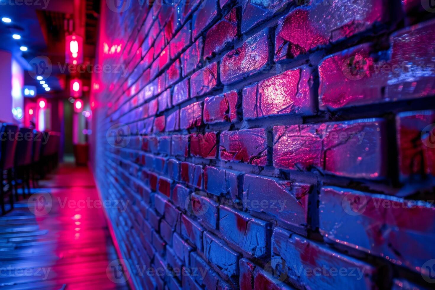 A brick wall with a pink hue and a blurry background. Neon lights. The wall appears to be wet and has a shiny, reflective surface. Scene is one of mystery and intrigue, as the blurry photo