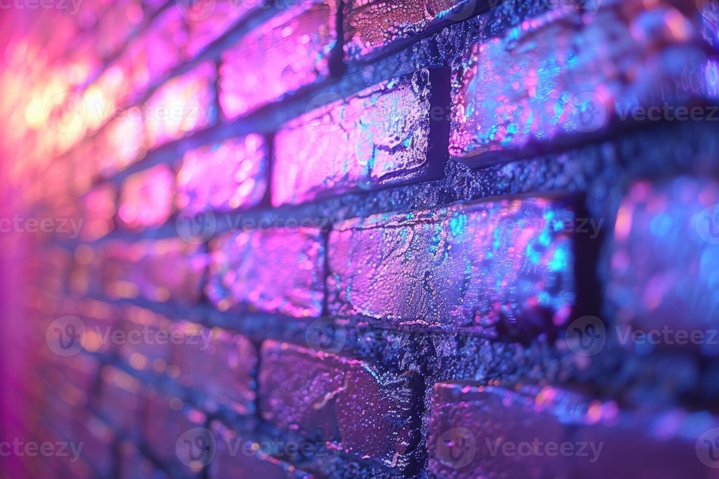 A brick wall with a pink hue and a blurry background. Neon lights. The wall appears to be wet and has a shiny, reflective surface. Scene is one of mystery and intrigue, as the blurry photo