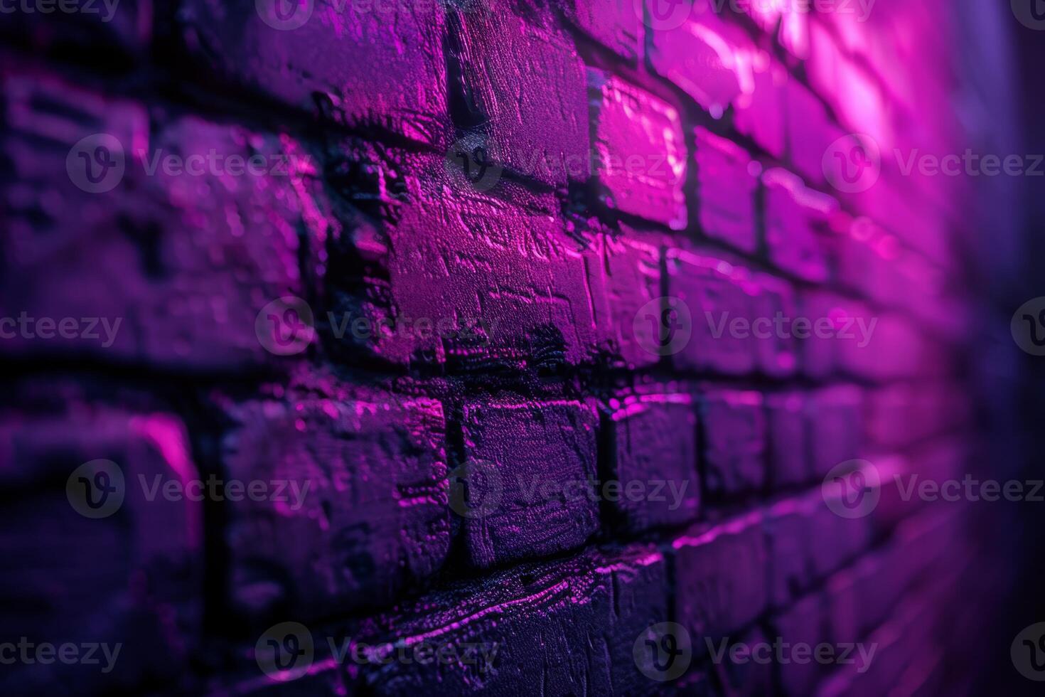 A brick wall with a pink hue and a blurry background. Neon lights. The wall appears to be wet and has a shiny, reflective surface. Scene is one of mystery and intrigue, as the blurry photo