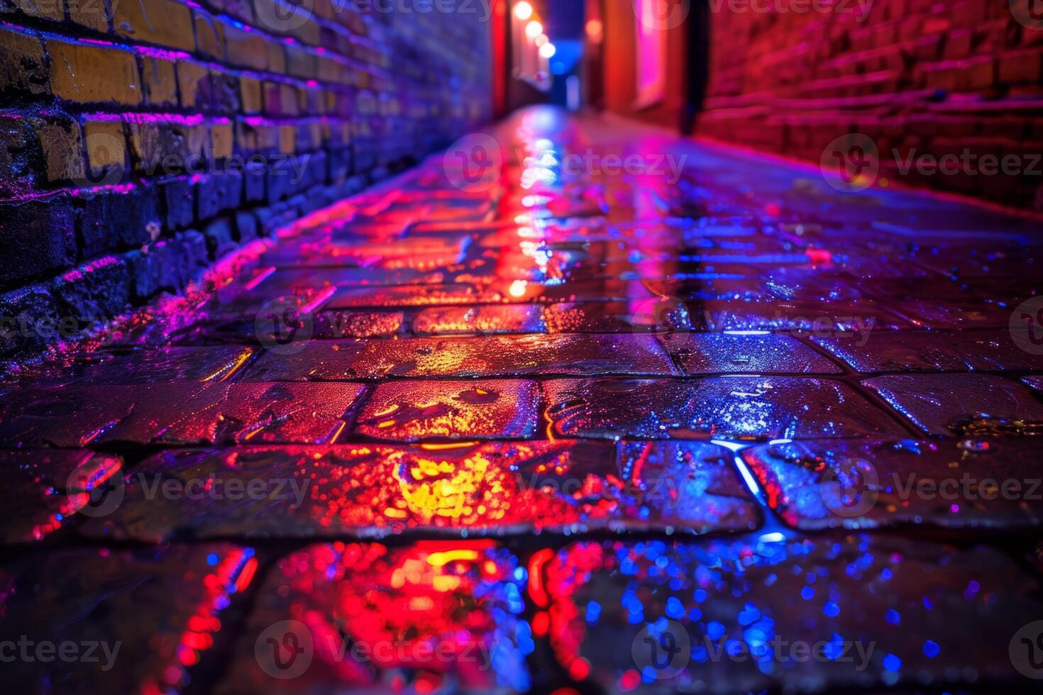 A brick wall with a pink hue and a blurry background. Neon lights. The wall appears to be wet and has a shiny, reflective surface. Scene is one of mystery and intrigue, as the blurry photo