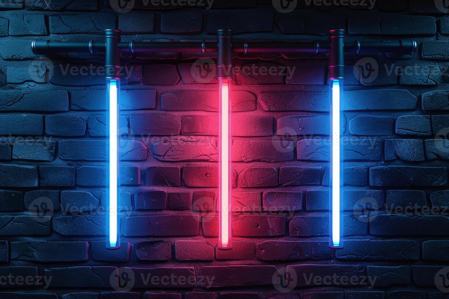 A brick wall with a pink hue and a blurry background. Neon lights. The wall appears to be wet and has a shiny, reflective surface. Scene is one of mystery and intrigue, as the blurry photo