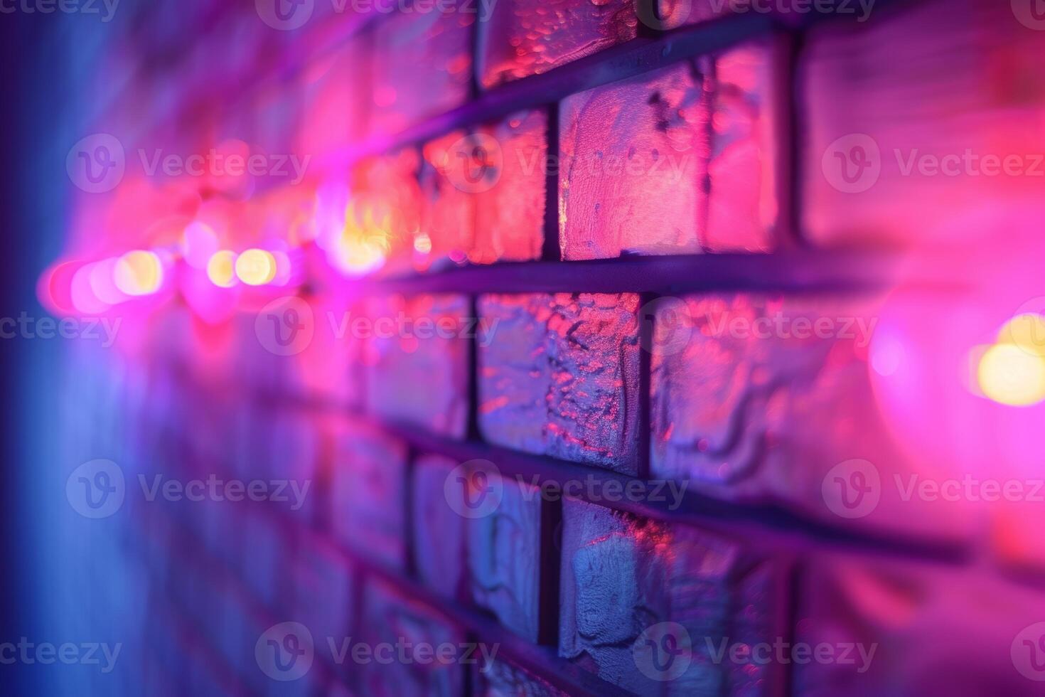 A brick wall with a pink hue and a blurry background. Neon lights. The wall appears to be wet and has a shiny, reflective surface. Scene is one of mystery and intrigue, as the blurry photo