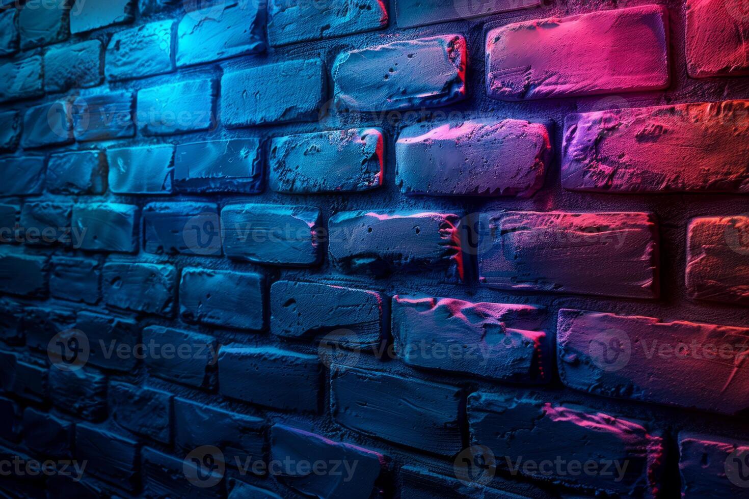 A brick wall with a pink hue and a blurry background. Neon lights. The wall appears to be wet and has a shiny, reflective surface. Scene is one of mystery and intrigue, as the blurry photo
