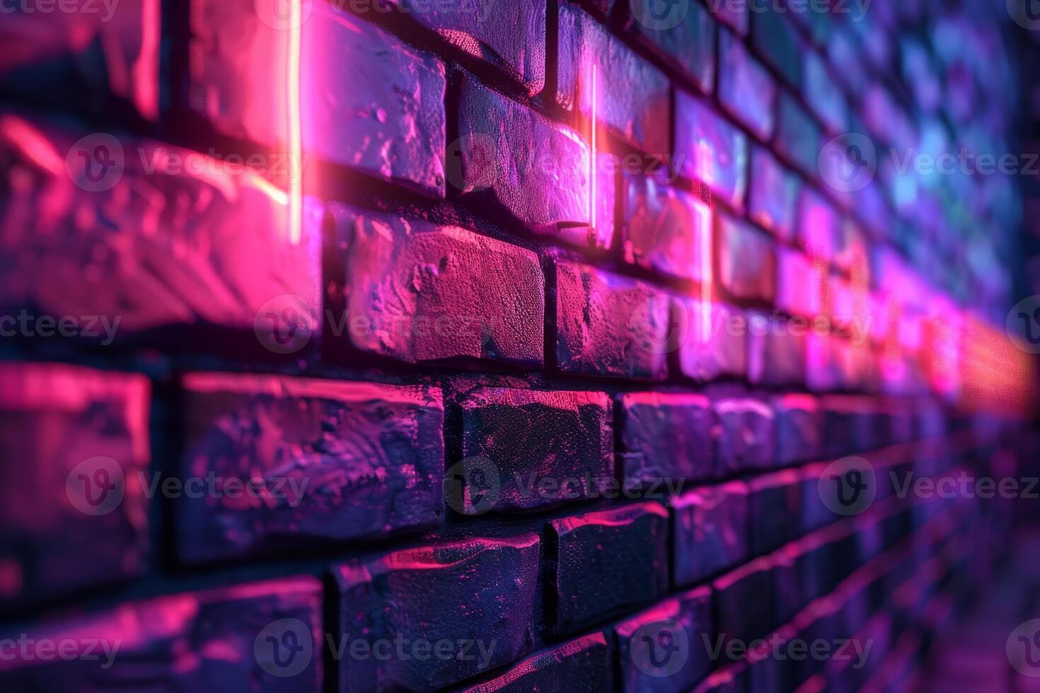 A brick wall with a pink hue and a blurry background. Neon lights. The wall appears to be wet and has a shiny, reflective surface. Scene is one of mystery and intrigue, as the blurry photo
