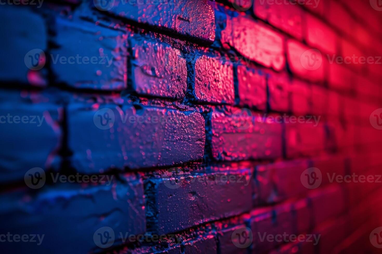 A brick wall with a pink hue and a blurry background. Neon lights. The wall appears to be wet and has a shiny, reflective surface. Scene is one of mystery and intrigue, as the blurry photo