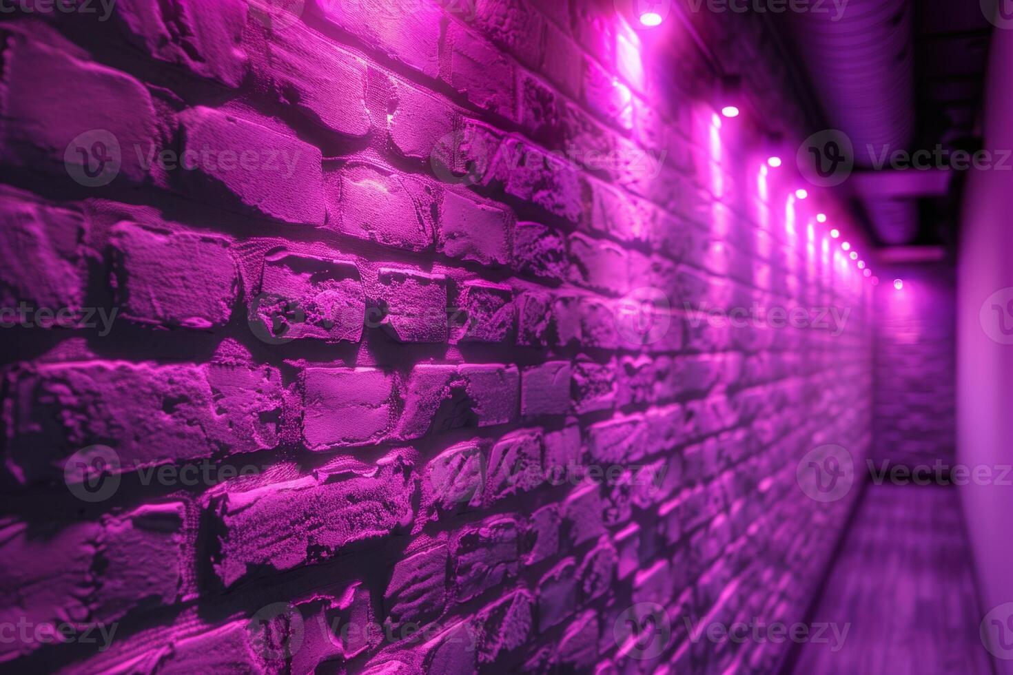A brick wall with a pink hue and a blurry background. Neon lights. The wall appears to be wet and has a shiny, reflective surface. Scene is one of mystery and intrigue, as the blurry photo