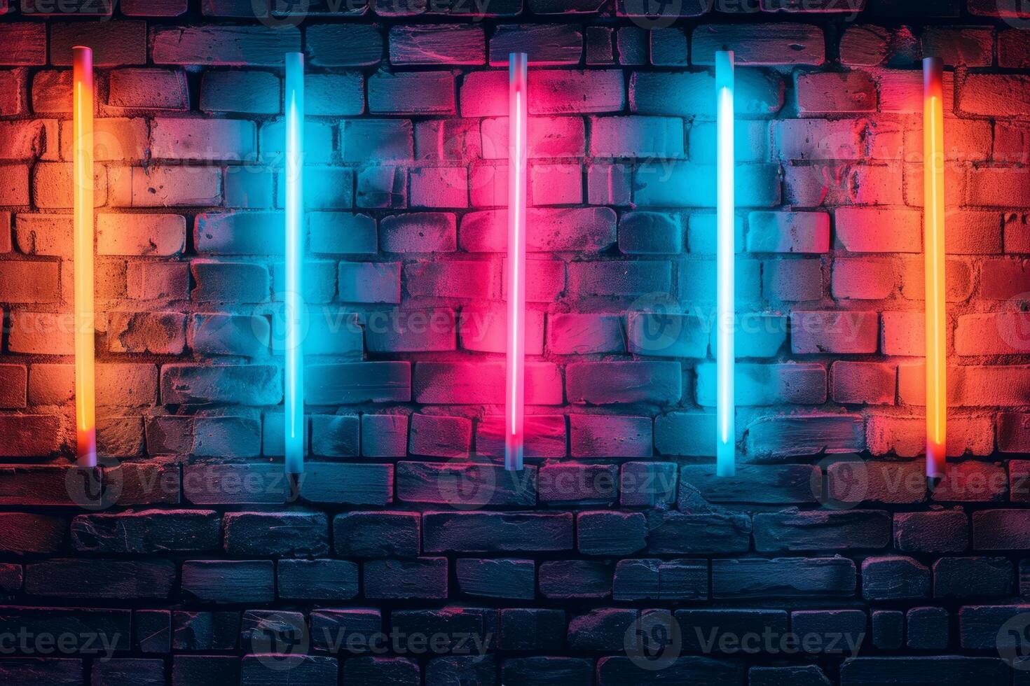 A brick wall with a pink hue and a blurry background. Neon lights. The wall appears to be wet and has a shiny, reflective surface. Scene is one of mystery and intrigue, as the blurry photo