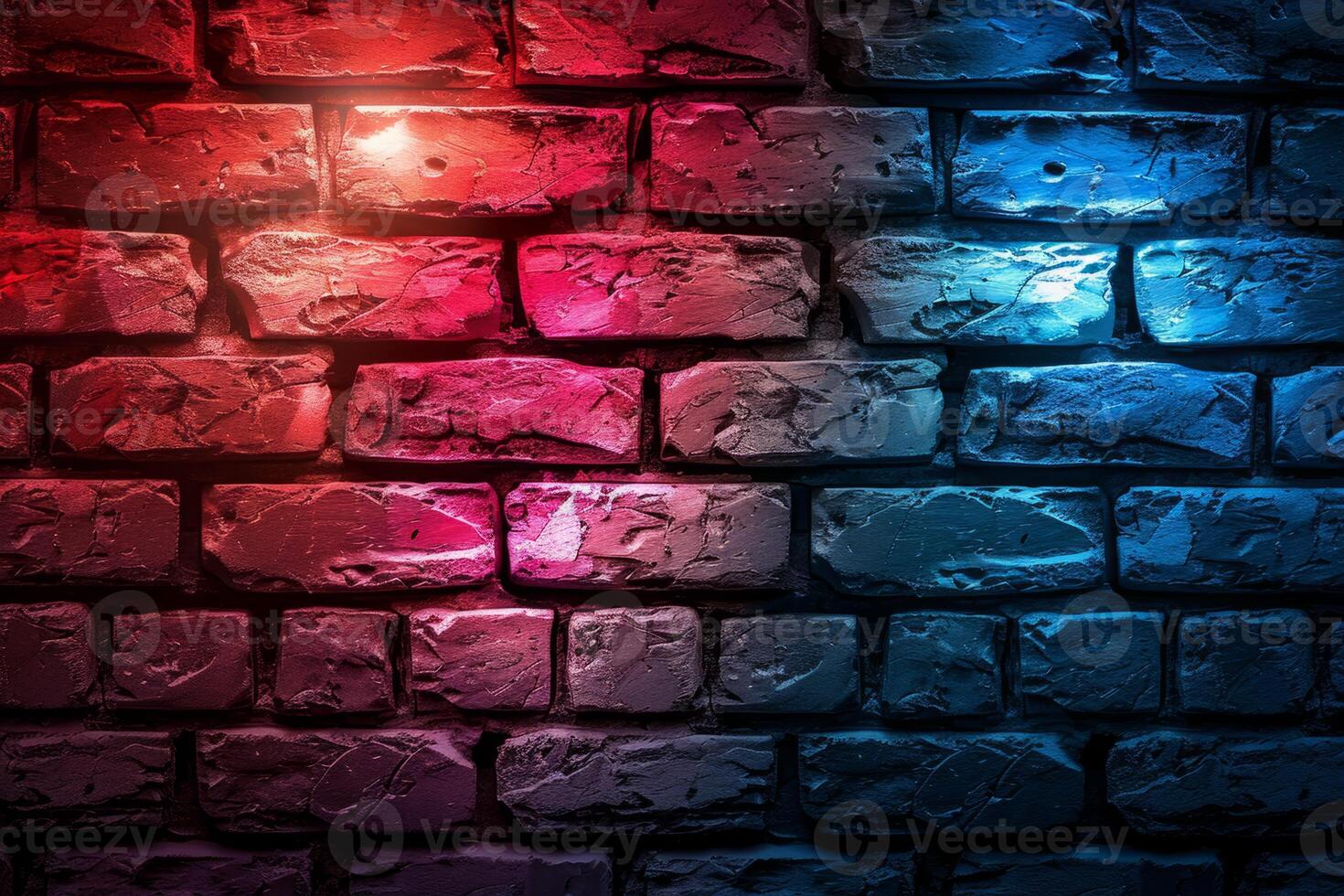 A brick wall with a pink hue and a blurry background. Neon lights. The wall appears to be wet and has a shiny, reflective surface. Scene is one of mystery and intrigue, as the blurry photo